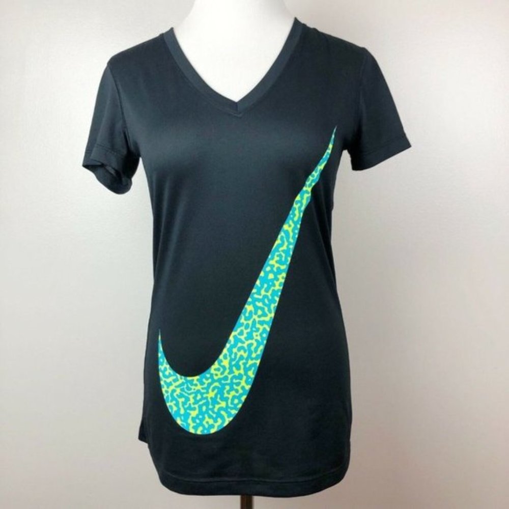 Nike Dri-Fit Tee XS V-Neck Swoosh Logo Black Blue‎ Neon Short Sleeve T-Shirt